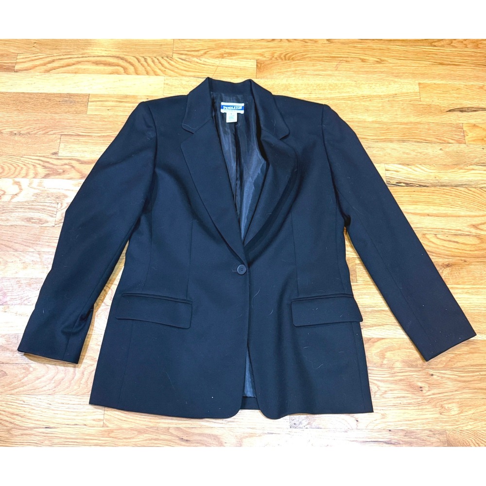 Vintage Pendleton Black 100% Virgin Wool Single Button Blazer Jacket Size 6
